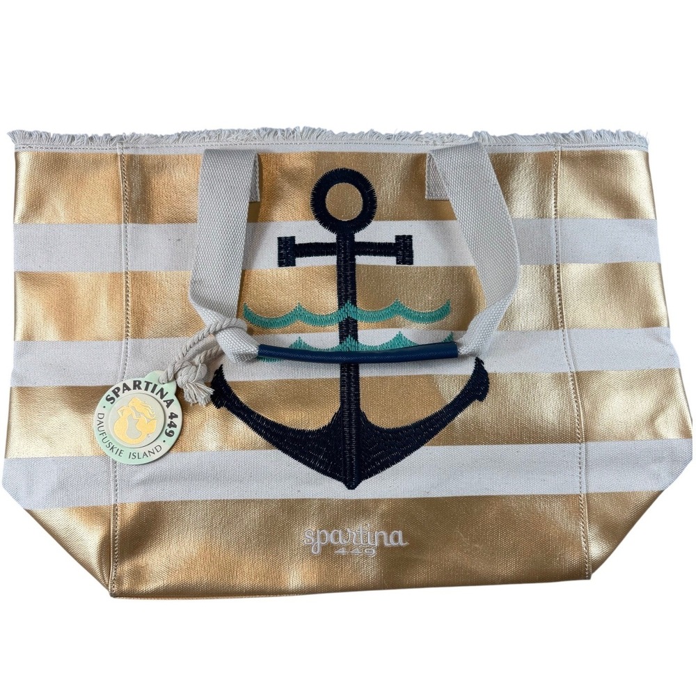 Spartina 449 Daufuskie Island Metallic Gold Stripe Anchor Tote Bag